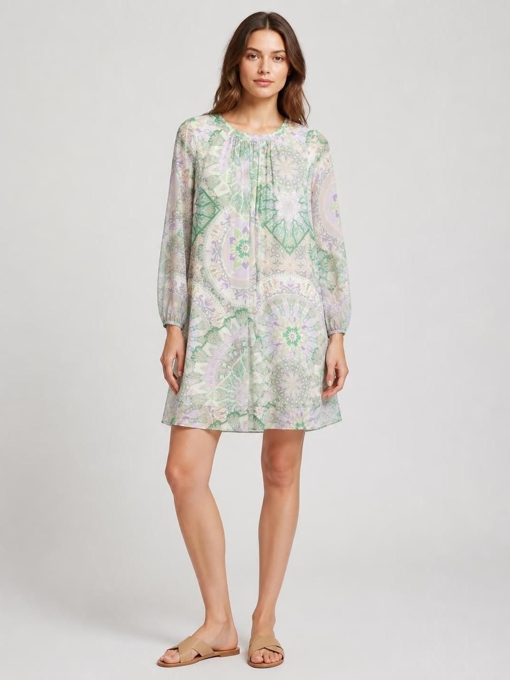 Eva Mendes New York & Company Small Pastel Mandala Print Long Sleeve Shift Dress